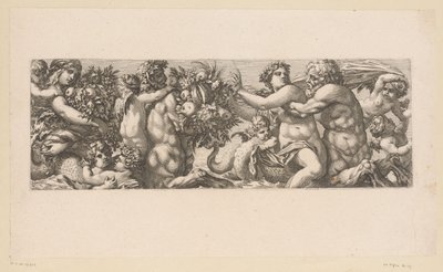 Baco con sátiros y nereidas en el agua Figuras mitológicas junto al agua (título de la serie) de François Bignon (attributed to)