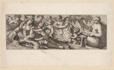 Putto con el corazón ardiendo y traspasado por unas ninfas de agua Figuras mitológicas junto al agua (título de la serie) de François Bignon
