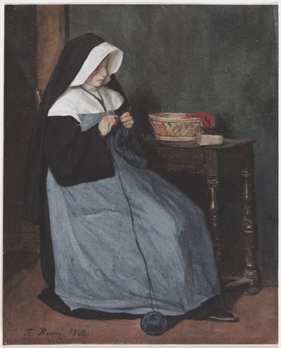 una monja sentada en una mesa tejiendo de François Bonvin