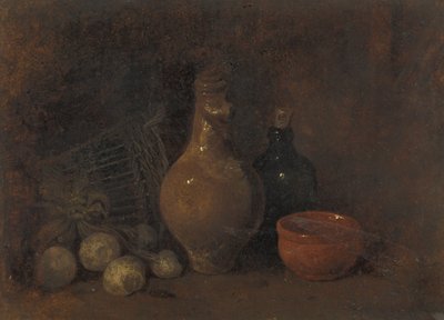 Bodegón con cuatro frutas, vidrio y cerámica de François Bonvin