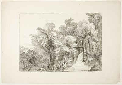 Una esclusa de molino en medio de sauces, lámina 97 a partir de figuras de distintos personajes, paisajes y estudios tomados de la naturaleza de François Boucher