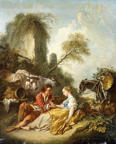 Un paisaje pastoral con un pastor y una pastora sentados junto a ruinas de François Boucher