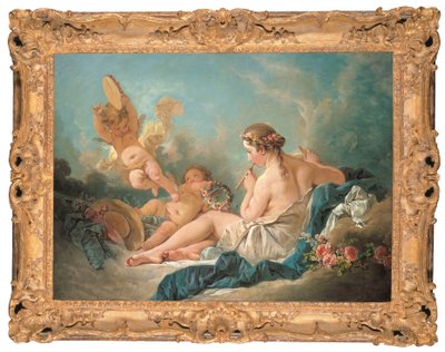 Una ninfa reclinada tocando la flauta con putti, quizás la musa Euterpe, 1752 de François Boucher