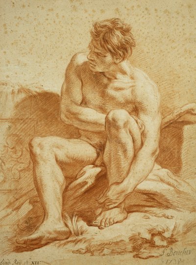 Un desnudo sentado con un bastón, un relieve con putti a la izquierda, 1738 de François Boucher