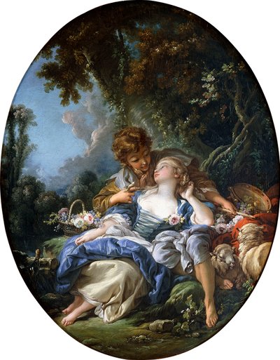 Un pastor y una pastora en coqueteo en un paisaje boscoso, 1761 de François Boucher