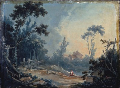 Paisaje boscoso con edificios a lo lejos de François Boucher