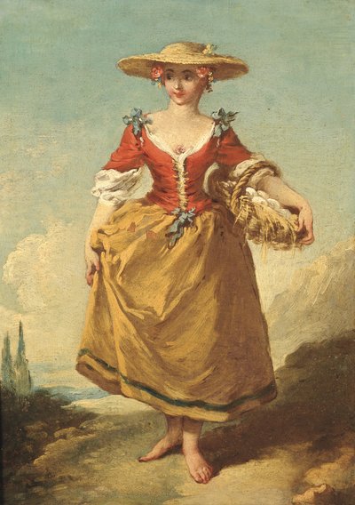 Campesina en un paisaje llevando una cesta de huevos (óleo sobre lienzo) de François Boucher