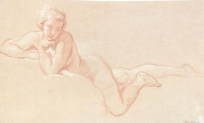 Estudio de desnudo de una mujer acostada en las nubes, con la barbilla apoyada en la mano izquierda de François Boucher