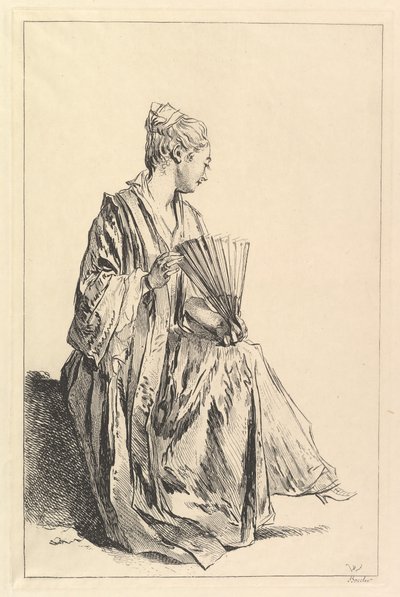 Mujer sentada, de perfil a la derecha, jugando con el abanico de François Boucher