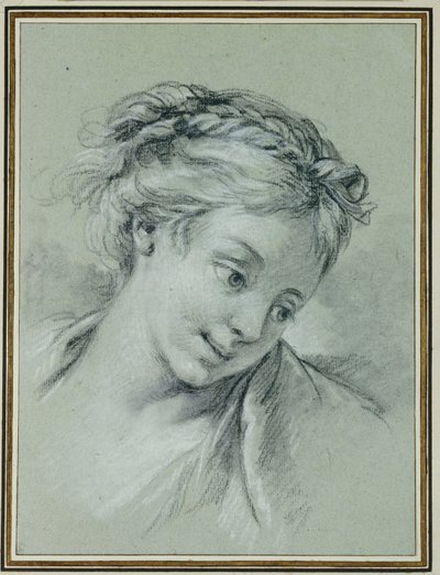 Cabeza de una niña mirando hacia abajo a la derecha de François Boucher