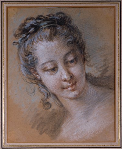 Cabeza de una joven, mirando hacia abajo a la derecha de François Boucher