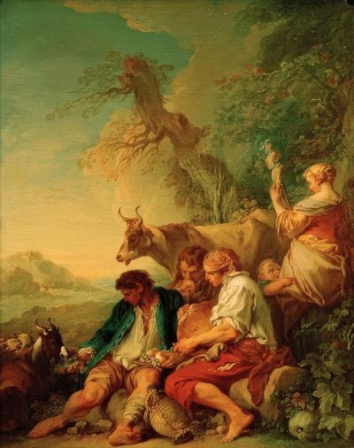 Pastores con ganado en un paisaje de François Boucher