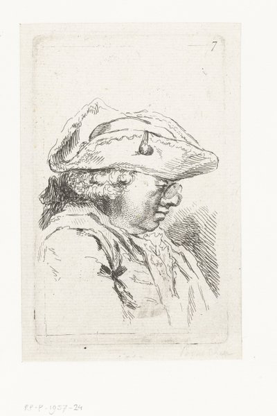 Cabeza de hombre con gafas y tricornio Conjunto de pequeñas piezas de género y encabezados (título de la serie) de François Boucher