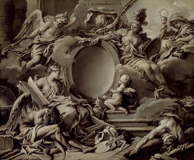 Proyecto para un cartucho: Una alegoría de Minerva, la Fama, la Historia y la Fe superando la Ignorancia y el Tiempo, c.1727 de François Boucher