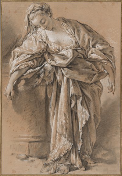 Estudio de una mujer drapeada apoyada en un pedestal de François Boucher
