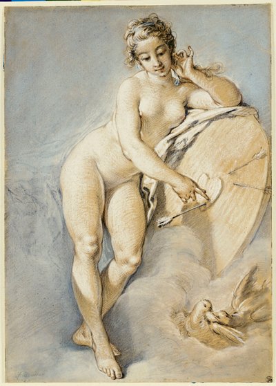 Venus de pie, señalando hacia un corazón en un objetivo con dos palomas, 1754 de François Boucher