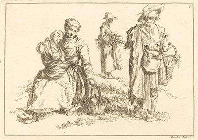 Madre sentada y niño, dos campesinos de pie de François Boucher after Abraham Bloemaert