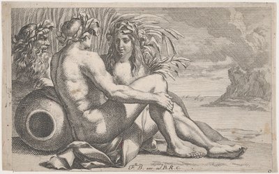 Dioses del río reclinados ante un paisaje marino, 1651-82 de François Bourlier