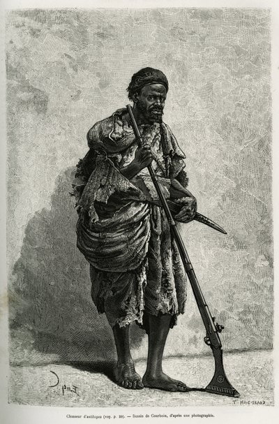 Cazador de antílopes. Grabado por Courboin, para ilustrar el Sahara argelino, por V. Largeau, en 1874-1878, publicado en el Tour du monde, bajo la dirección de Edouard Charton (1807-1890) de François Courboin