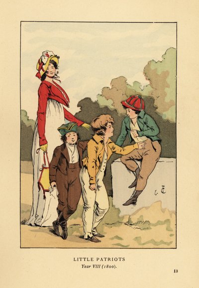 Niños con chaquetas y calzones con Merveilleuse en túnica romana con gorro y chaqueta spencer. Pequeños Patriotas, Año VIII de François Courboin
