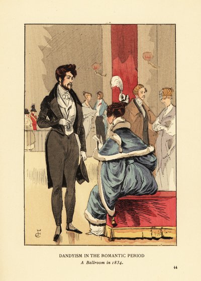 Dandismo en el Período Romántico, Un salón de baile en 1834. Petimetre con abrigo con colas, pantalones ajustados y sombrero de copa. Mujer con vestido de piel y pluma en el cabello. Litografía coloreada a mano por R.V. después de una ilustración de Franço de François Courboin