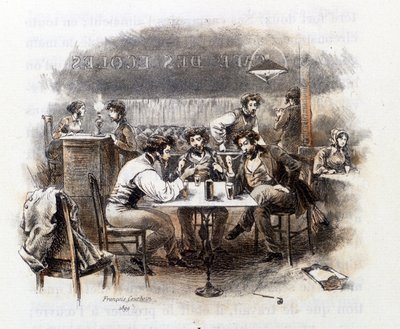 Discusión entre estudiantes en un café parisino. Ilustración de "Perfil de grisette" perteneciente al Recueil "Mimi de Pinson" por Alfred de Musset de François Courboin