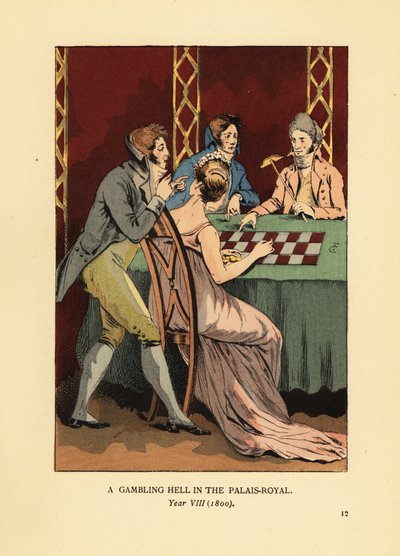 Incroyables de moda con chaquetas de cuello alto en una mesa de juego con una joven y un crupier. Un infierno de juego en el Palais Royal, Año VIII de François Courboin