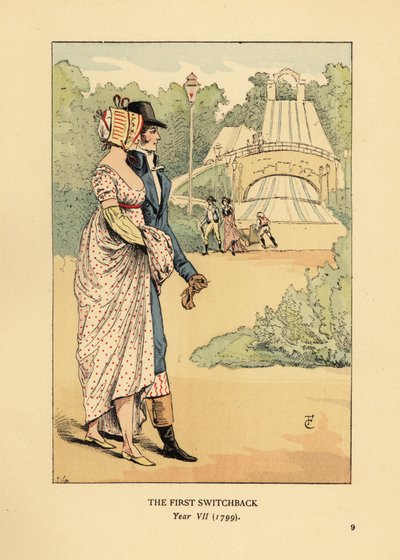 Pareja de moda en la montaña rusa de las Montañas Rusas en Belleville, construida en 1812. (El primer switchback, Año VII) de François Courboin
