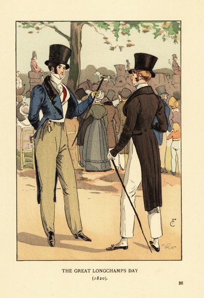 Caballeros elegantes con sombrero de copa y colas con bastones. En un gran día de carreras en el hipódromo de Longchamp. Multitudes de personas elegantes y carruajes. El Gran Día de Longchamps de François Courboin
