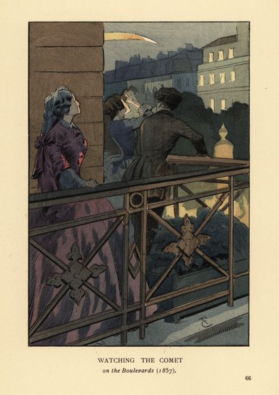 Gente de moda observando el cometa de 1857 desde un balcón del bulevar, París. Mujer con crinolina y binoculares. Litografía coloreada a mano por R.V. después de una ilustración de Francois Courboin de La moda en París de Octave Uzanne, William Heinemann,  de François Courboin