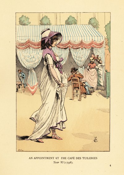 Mujer de moda llegando a una cita en el Café des Tuileries, París, Año VI de François Courboin