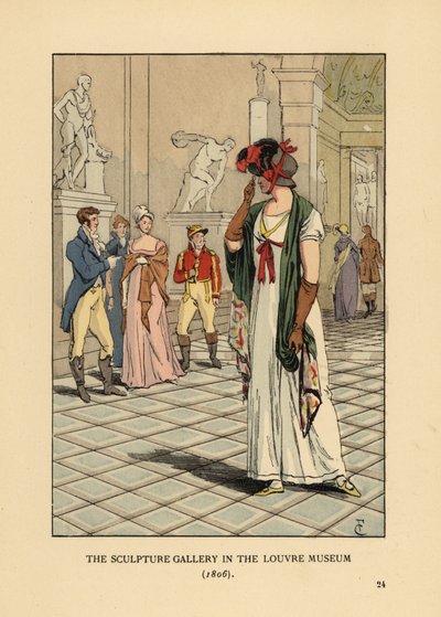 Mujer de moda en la galería de esculturas en el Museo del Louvre de François Courboin