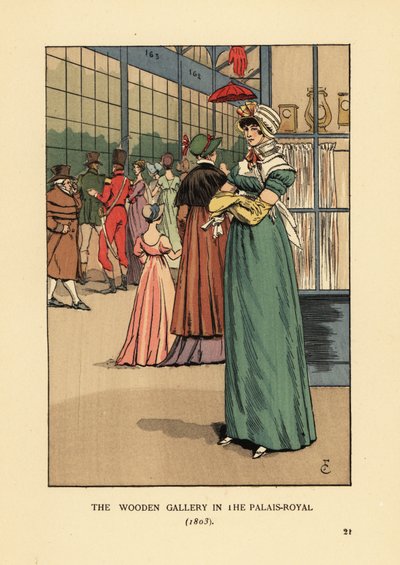 Mujer elegante comprando en la Galería de Madera en el Palais Royal, París de François Courboin