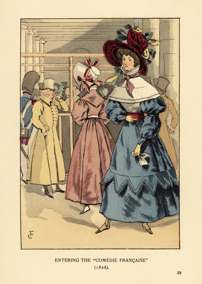 Mujeres de moda en una obra de teatro, París. Mujer con gran sombrero con cintas, vestido con cuello alto, capa de encaje o pelerina y mangas abullonadas en beret. Entrando en la Comédie Française de François Courboin