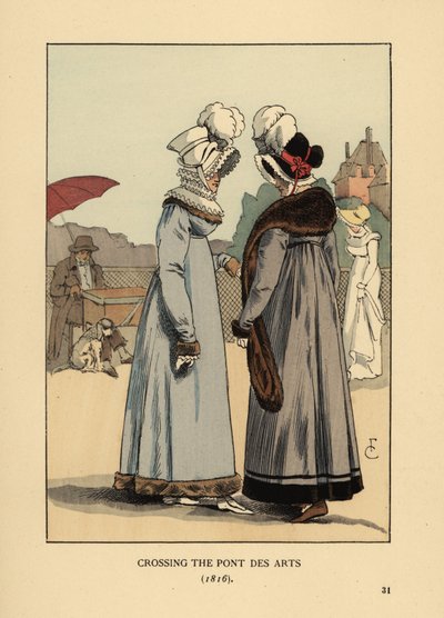 Mujeres de moda con sombreros de plumas, cuellos de encaje y vestidos con ribetes de piel. Cruzando el Pont des Arts, París de François Courboin