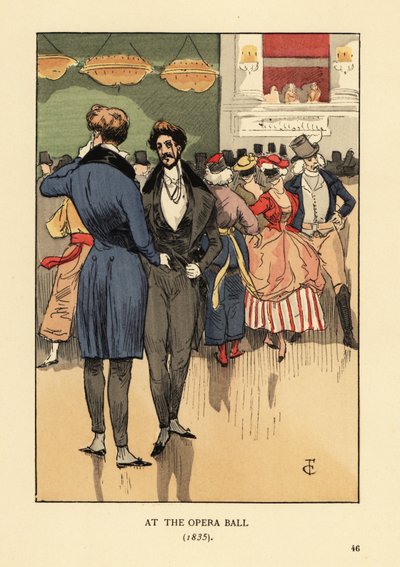 Petimetres con abrigo con colas, chaleco, pantalones ajustados y medias blancas. Personas con disfraces y máscaras detrás de ellos. En el Baile de la Ópera 1835. Litografía coloreada a mano por R.V. después de una ilustración de François Courboin del libro de François Courboin