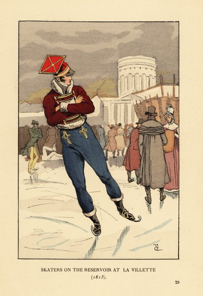 Lancero y caballeros patinando sobre hielo en el Bassin de la Villette, París de François Courboin