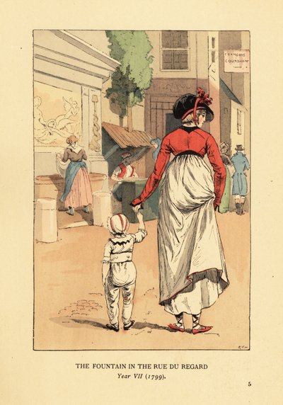 Mujer y niño frente a la Fuente de Leda, Fontaine de Leda, en la Rue du Regard, París, Año VII de François Courboin