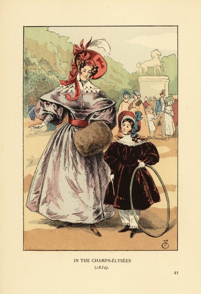 Mujer y niño con aro jugando en el parque. En los Campos Elíseos de François Courboin