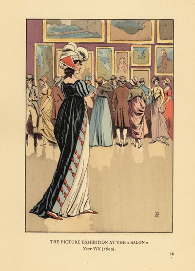 Mujer con vestido de moda en la Exposición de Pinturas en el Salón de París, Academia de Bellas Artes, Año VIII de François Courboin