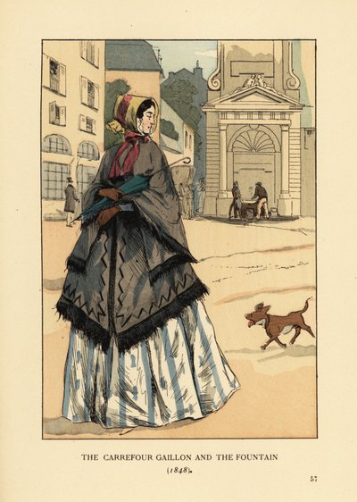 Mujer frente a la fuente en Place Gaillon, París. Lleva un chal de cachemira con agujeros para los brazos llamado la visite sobre su crinolina. El carrefour Gaillon y la fuente de François Courboin
