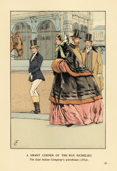 Mujer con capa forrada de piel y manguito sobre una crinolina ancha, con otra mujer en ropa de montar. Una esquina elegante de la rue de Richelieu, el almacén de la Compañía de las Indias Orientales, París de François Courboin