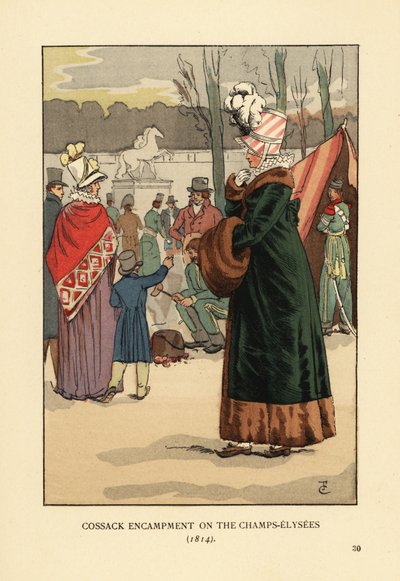 Mujer con abrigo forrado de piel y manguito de piel visitando el bivouac cosaco tártaro y kalmuk en París después de la caída de Napoleón. Campamento cosaco en los Campos Elíseos de François Courboin
