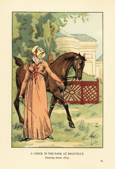 Mujer con vestido de caza, sombrero y pañuelo guiando un caballo en el Parc de Bagatelle, Bois de Boulogne, París de François Courboin