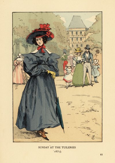 Mujer paseando con su mejor atuendo en el parque. Lleva un sombrero de ala ancha, vestido con mangas abullonadas, botas hasta el tobillo y lleva un parasol. Domingo en el Jardín de las Tullerías de François Courboin