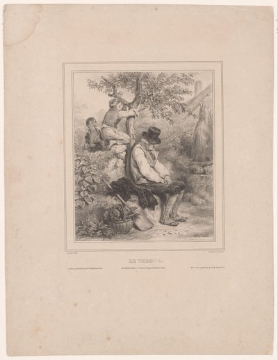 Dos niños recogen manzanas de un granjero dormido Le verger (título sobre objeto) de François Grenier