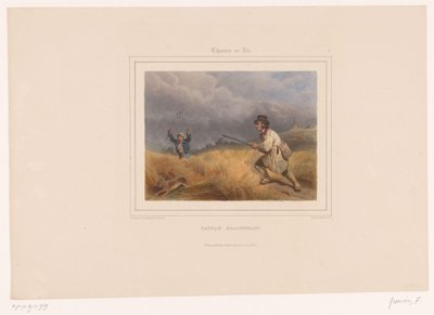 Dos cazadores furtivos persiguen a una liebre
Paysan braconnant (título en el objeto)
Cazadores con armas (título de la serie)
Chasses au Tir (título de la serie en el objeto) de François Grenier