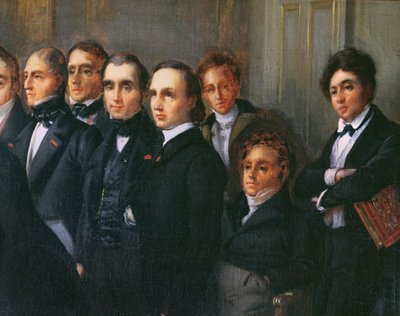 Conferencia en el vestíbulo de la Comédie Française, 26 de mayo de 1828 (detalle) de François Joseph Heim