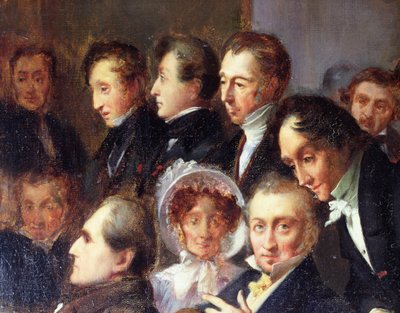 Conferencia en el vestíbulo de la Comédie-Française, 26 de mayo de 1828, c.1830 (detalle) de François Joseph Heim