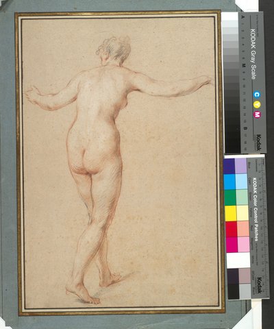 Desnudo femenino de pie visto de espaldas, c.1722 (tiza roja, negra y blanca sobre papel) de François Lemoyne